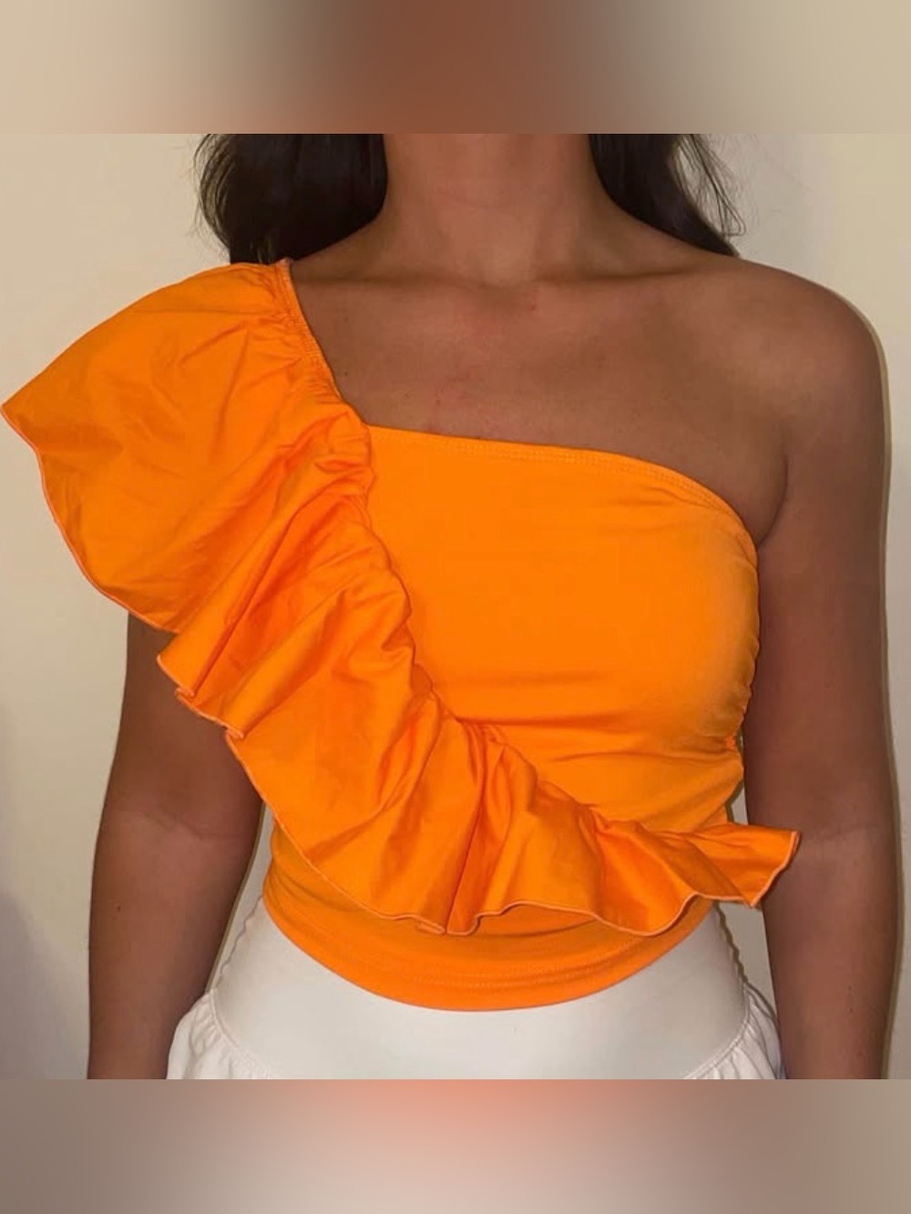 NWOT orange one shoulder ruffle top size XS